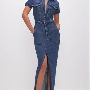 Good American Blue Maxi Dress with Belted Waist and Front Slit